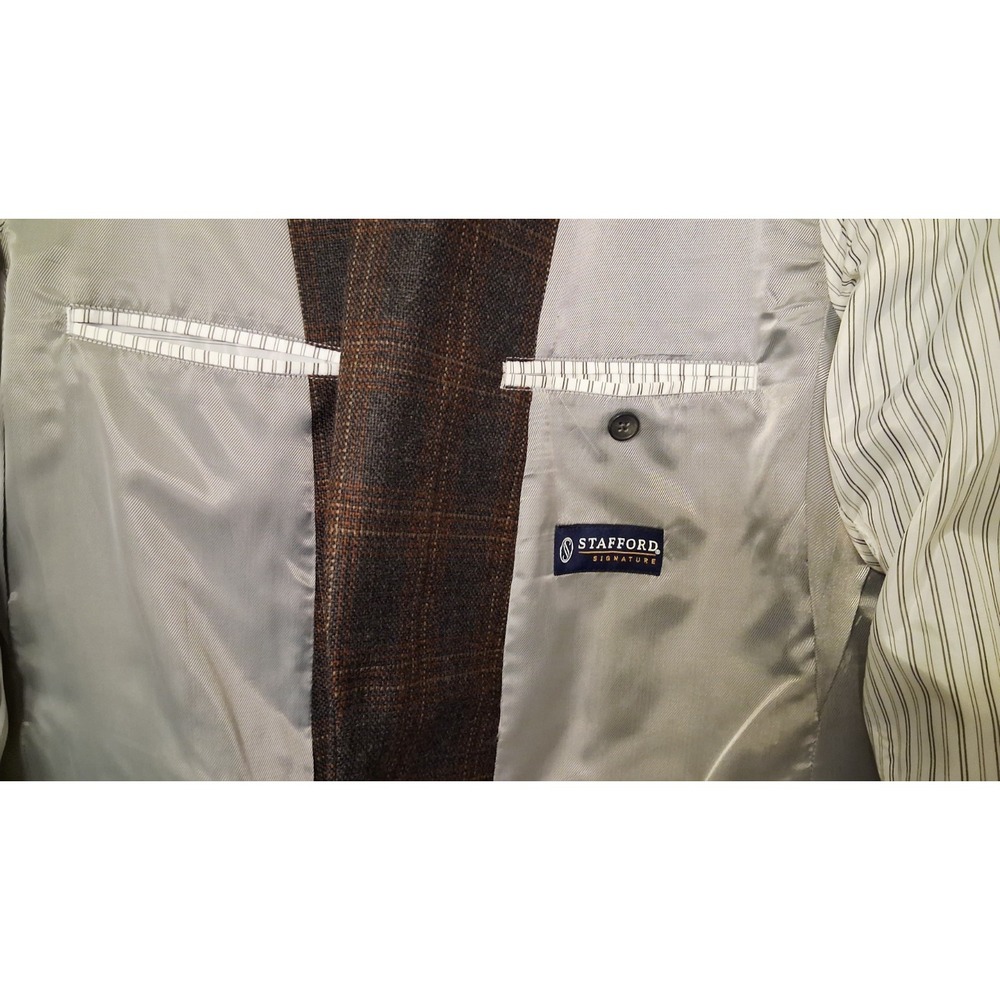 Stafford Plaid Blazer Classic Fit 46L‎ Brown Check Sport Coat Windowpane Jacket - Picture 8 of 10